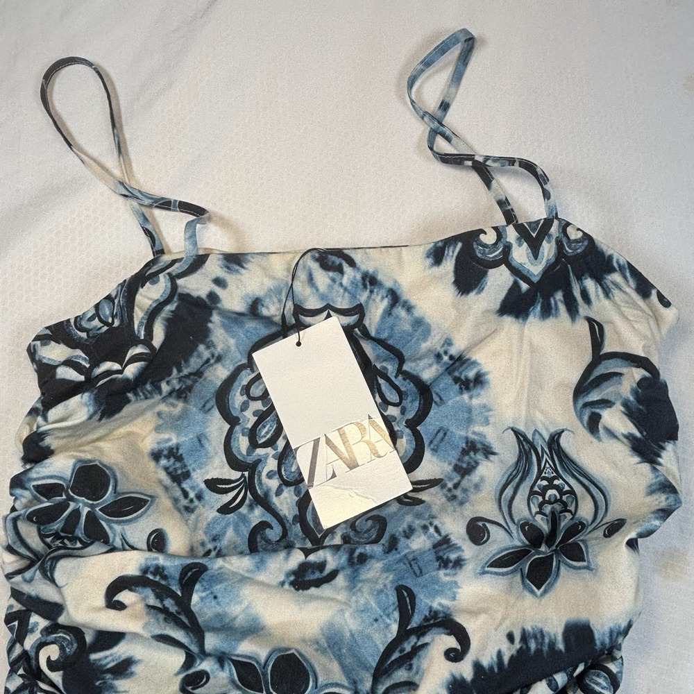 Zara Women M Ruched Sides Cami Top Blue & White Paisley Square Neck Side Zip New - Picture 5 of 10